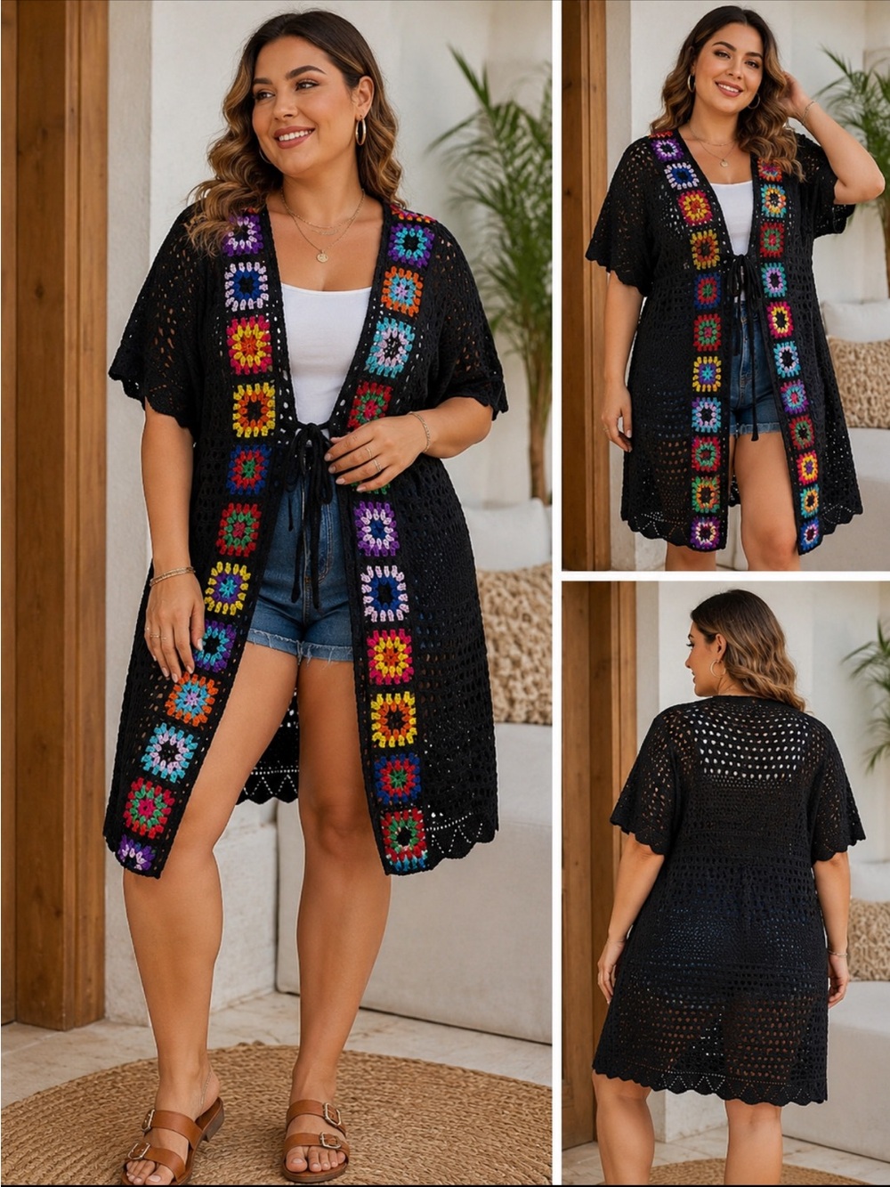 BloomChic Black Crochet Swim Cover-Up with Multicolor Granny-Square Trim